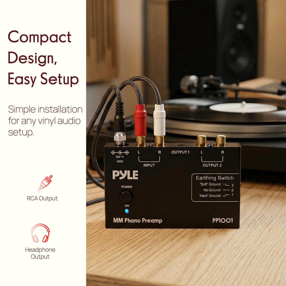Pyle phono preamp grounding post reduces hum with selectable grounding modes