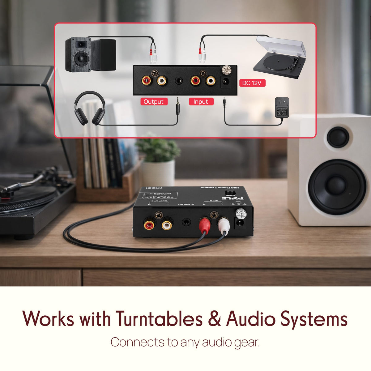 Pyle phono preamp with RCA and 3-5mm outputs supports simultaneous listening