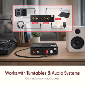 Pyle phono preamp with RCA and 3-5mm outputs supports simultaneous listening