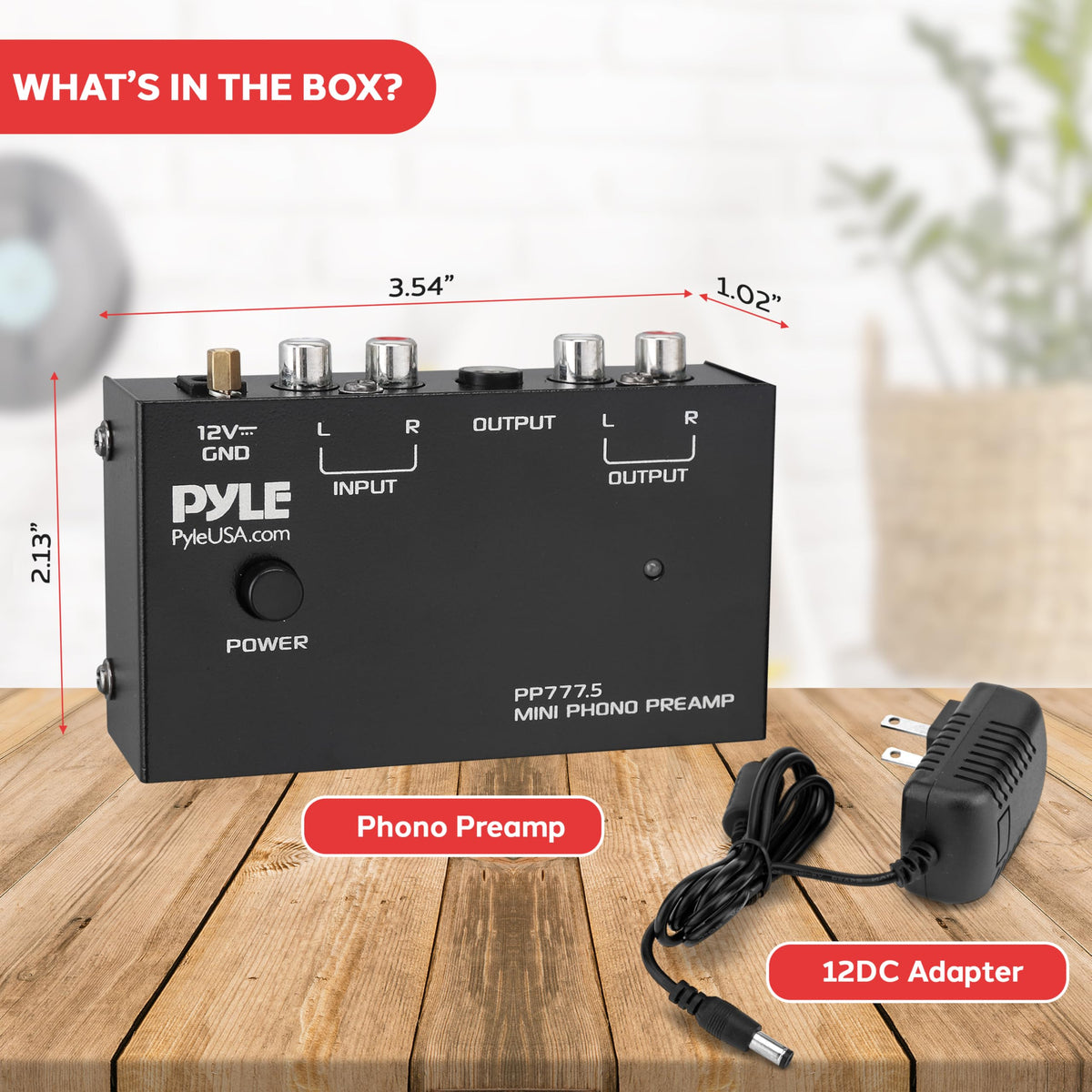Pyle phono preamp compact dimensions, fits on shelves beside speakers.