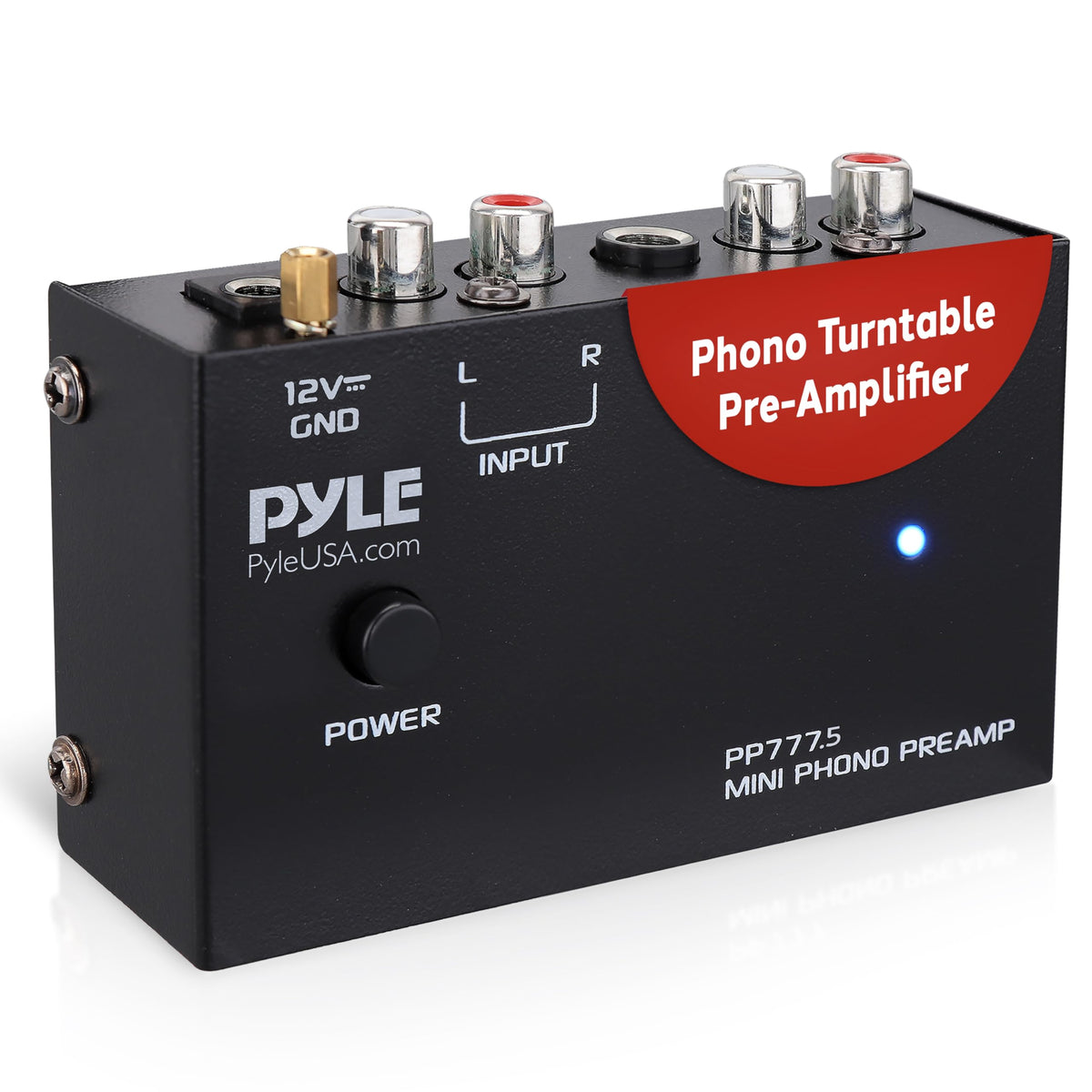 Pyle phono preamp front view, compact design ideal for small audio setups.