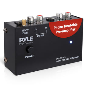 Pyle phono preamp front view, compact design ideal for small audio setups.
