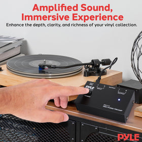 Pyle phono preamp in use with turntable, improved signal clarity and routing.