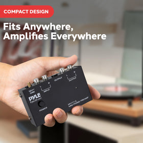 Pyle phono preamp RCA input and outputs, simple plug-and-play for turntables.