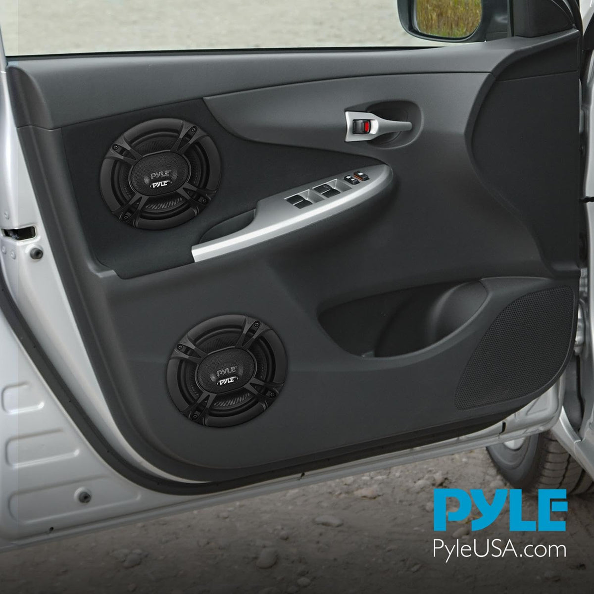 Pyle PL513BK installed in car door displaying ready-to-use OEM-style replacement benefit
