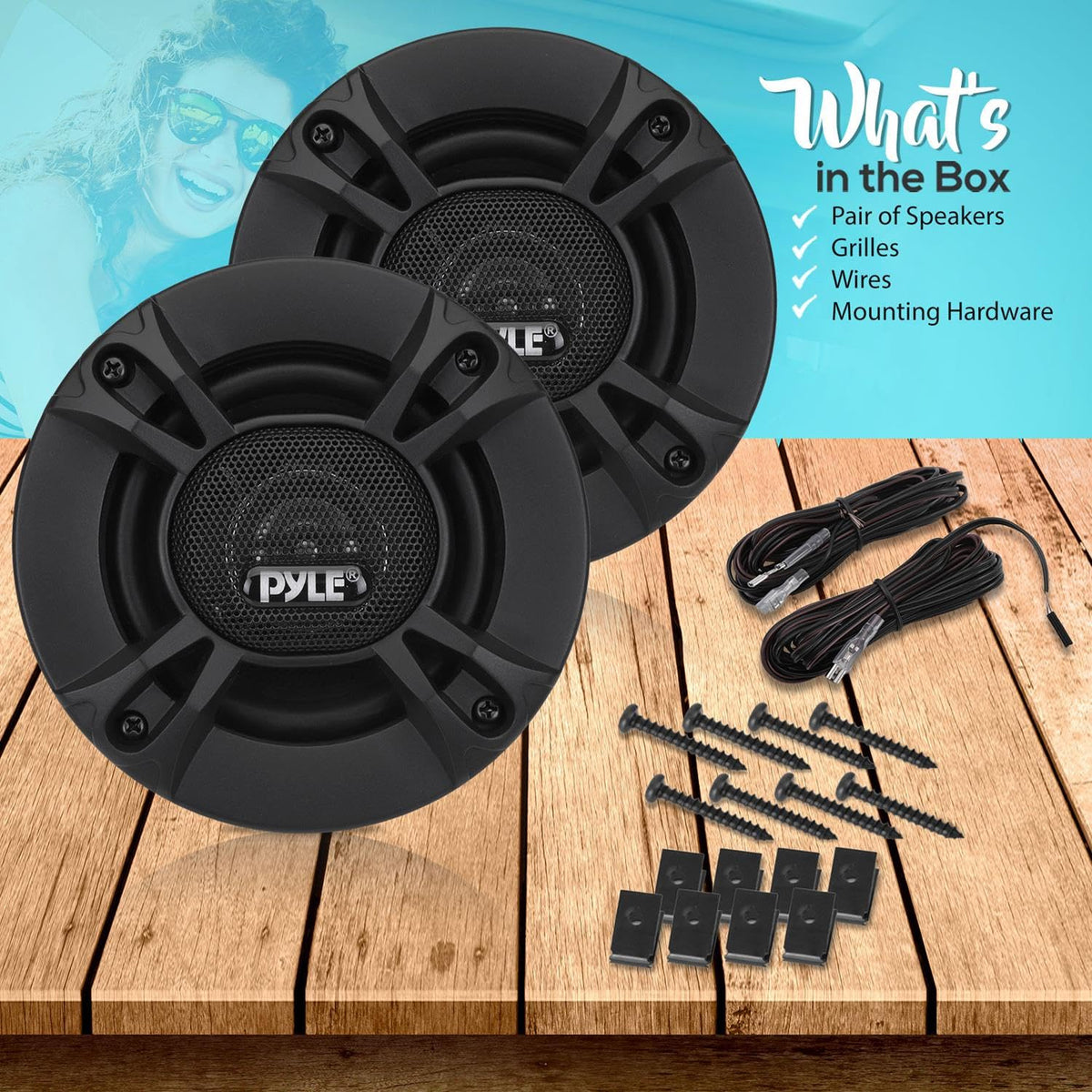 Pyle PL513BK packaging and accessories showing grills, cables and mounting hardware included