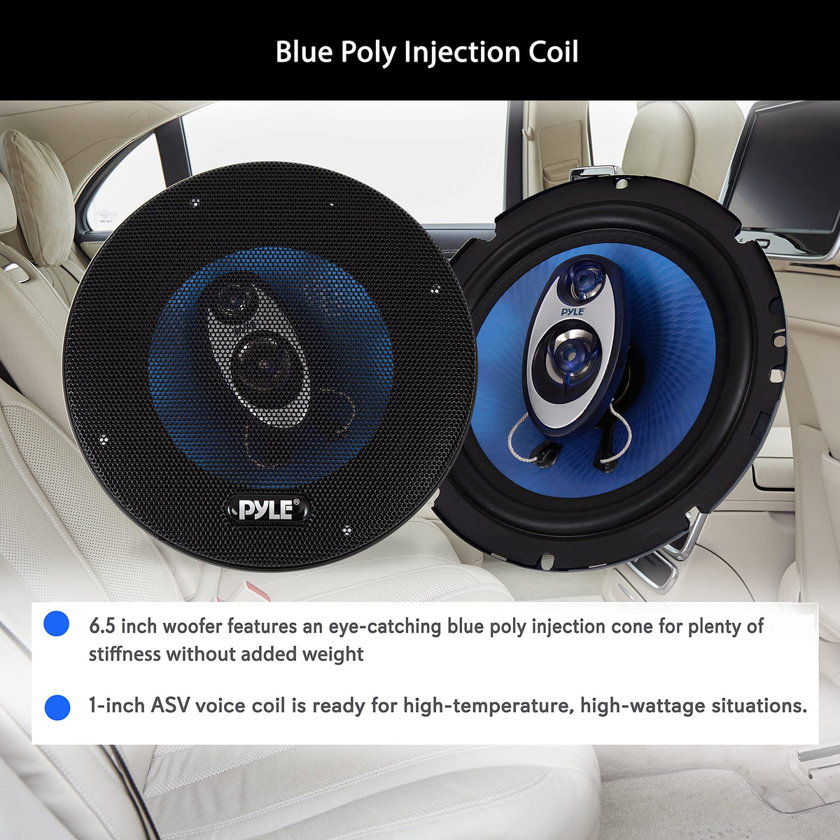 Pyle PL63BL 3-way cone close-up illustrating balanced sound components.