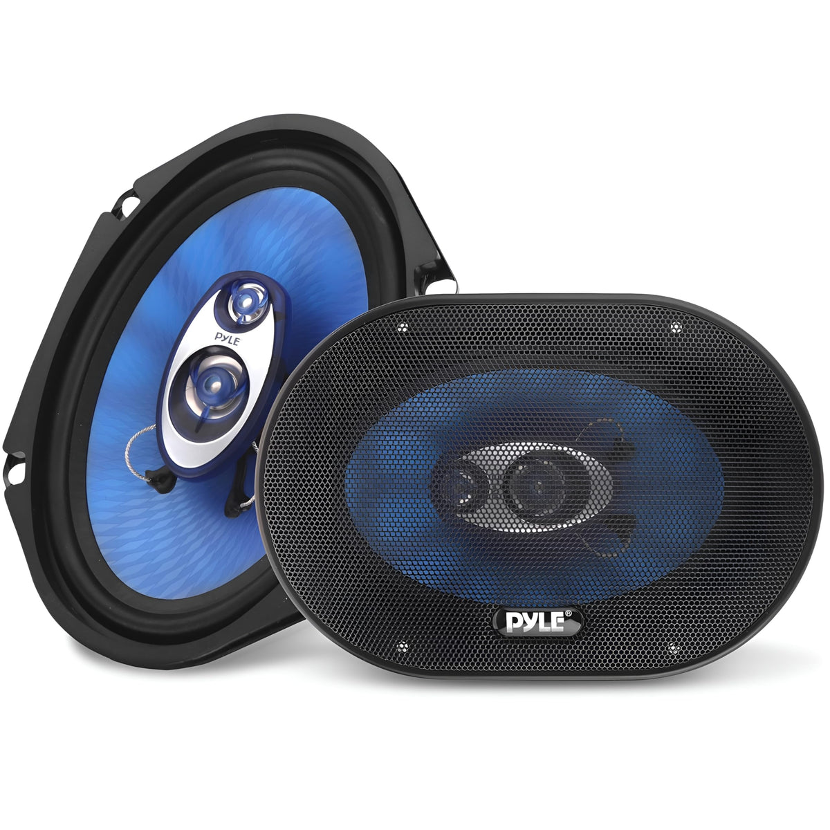 Pyle PL6984BL front view showing blue cone and four-way drivers, improves clarity
