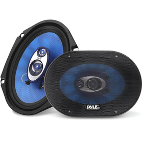 Pyle PL6984BL front view showing blue cone and four-way drivers, improves clarity