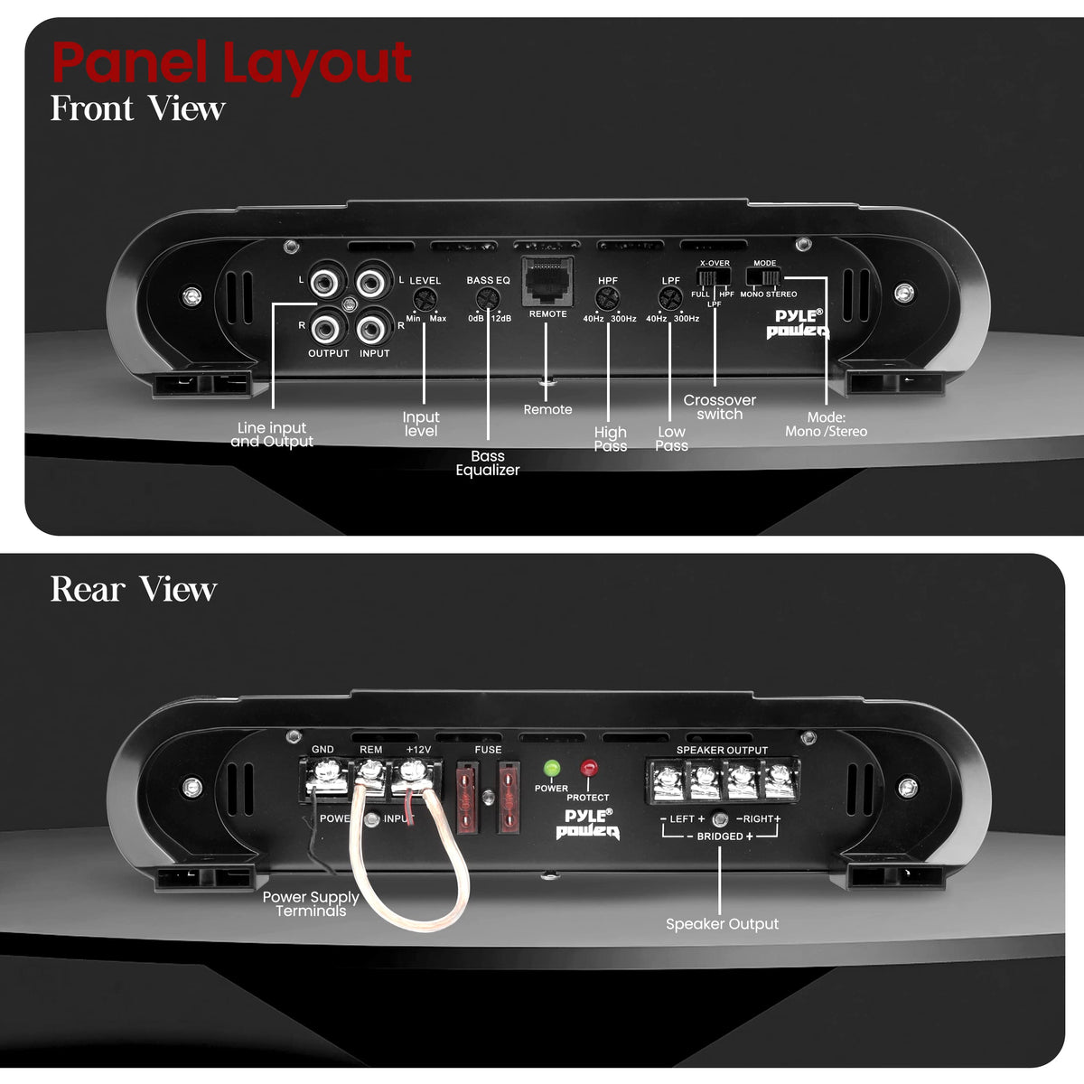 Pyle PLA2678 bridgeable setup diagram illustrating flexible power options