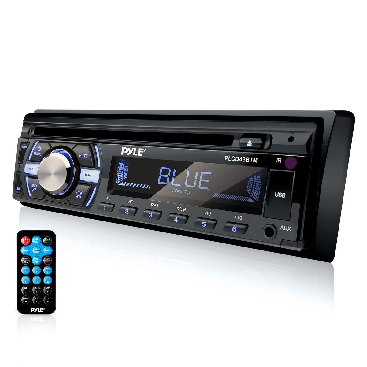 Pyle PLCD43BTM front panel showing display and knobs for clear operation
