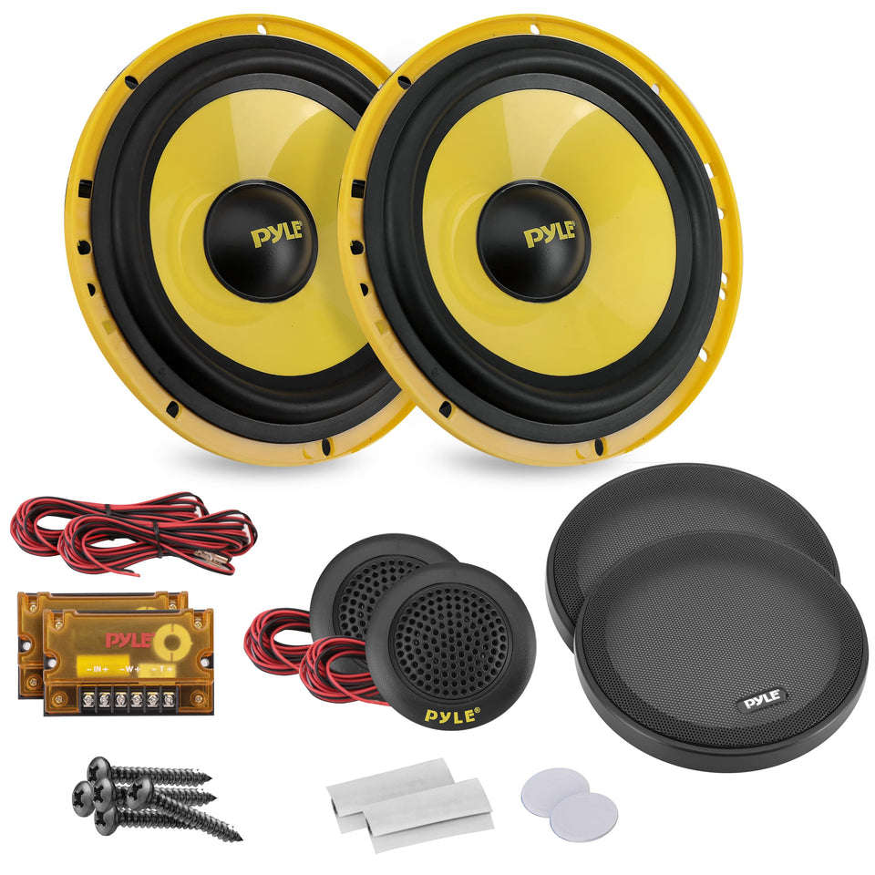 Pyle PLG6C front view showing 6.5" woofer and kit components for clearer car sound