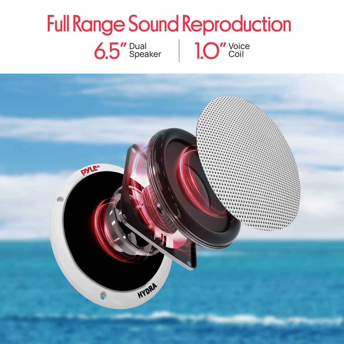 Pyle PLMR605W close-up of polypropylene cone and butyl rubber surround for weather resistance