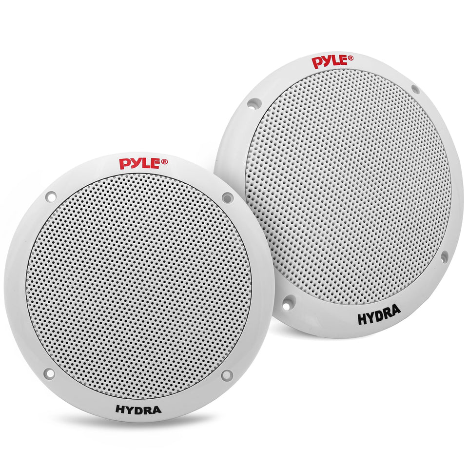 Pyle PLMR605W front view with white grille showing clean marine styling and protection