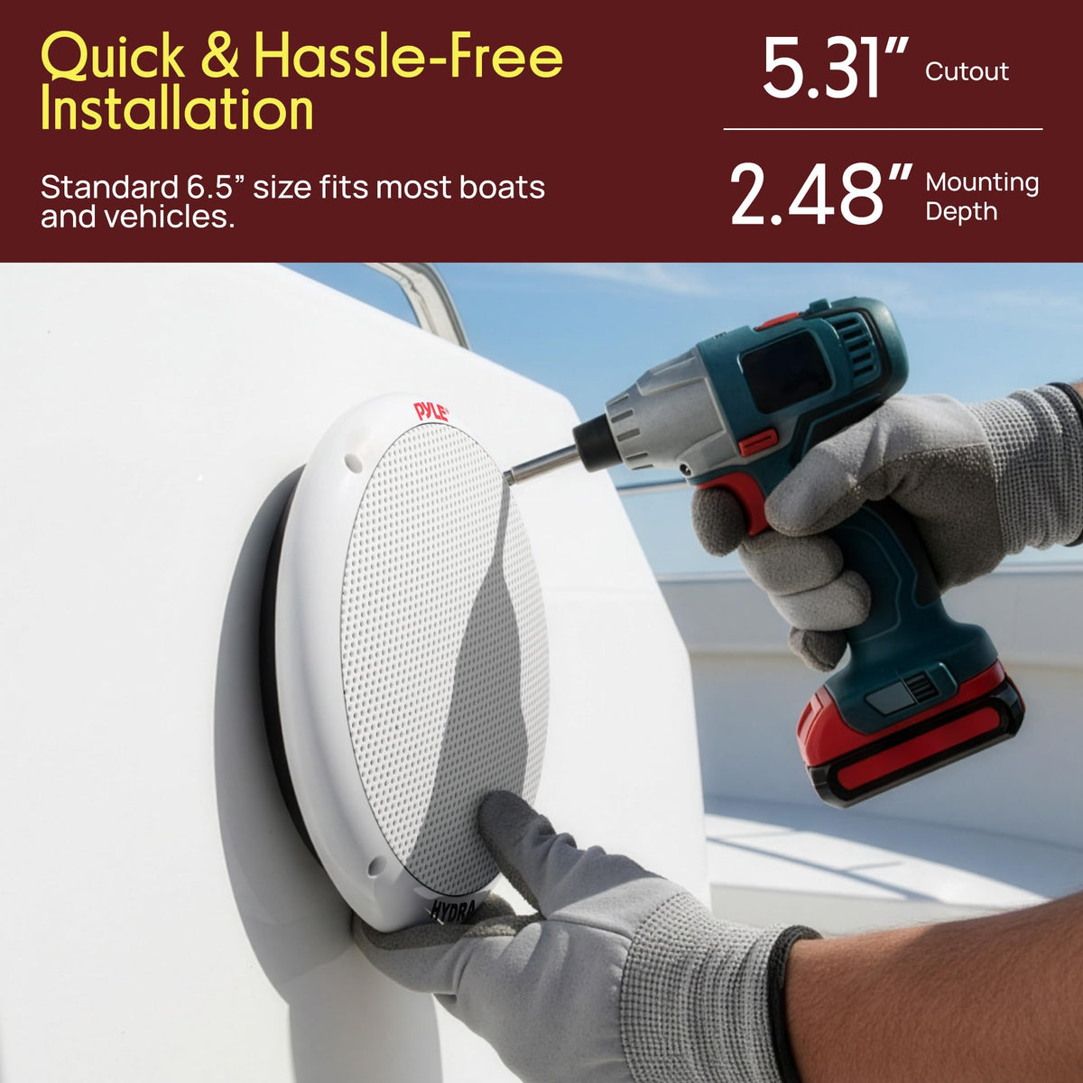 Pyle PLMR605W mounted on boat deck demonstrating secure fit and spray protection