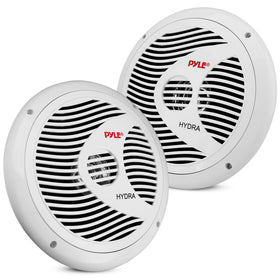 Pyle PLMR60W marine speaker front view with white grille for outdoor boating sound
