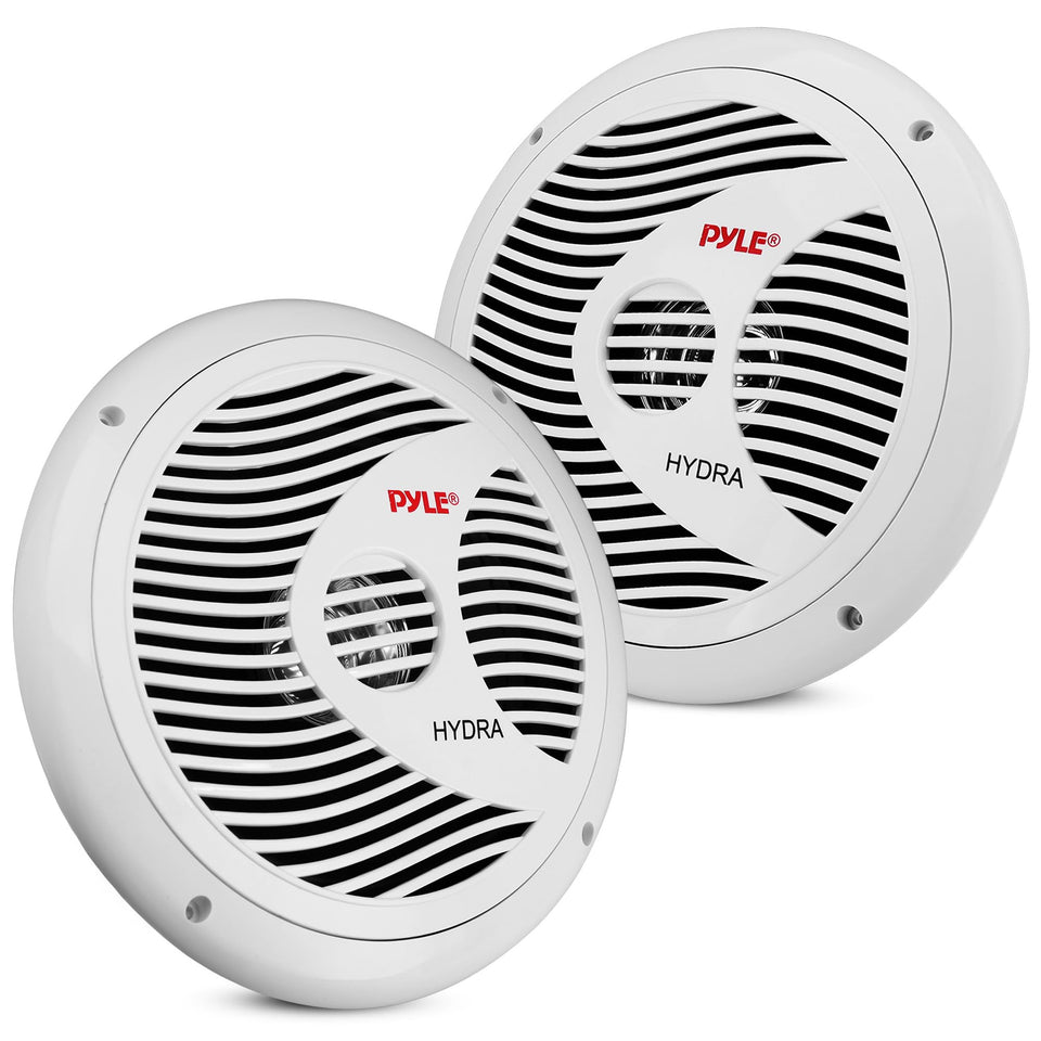 Pyle PLMR60W marine speaker front view with white grille for outdoor boating sound