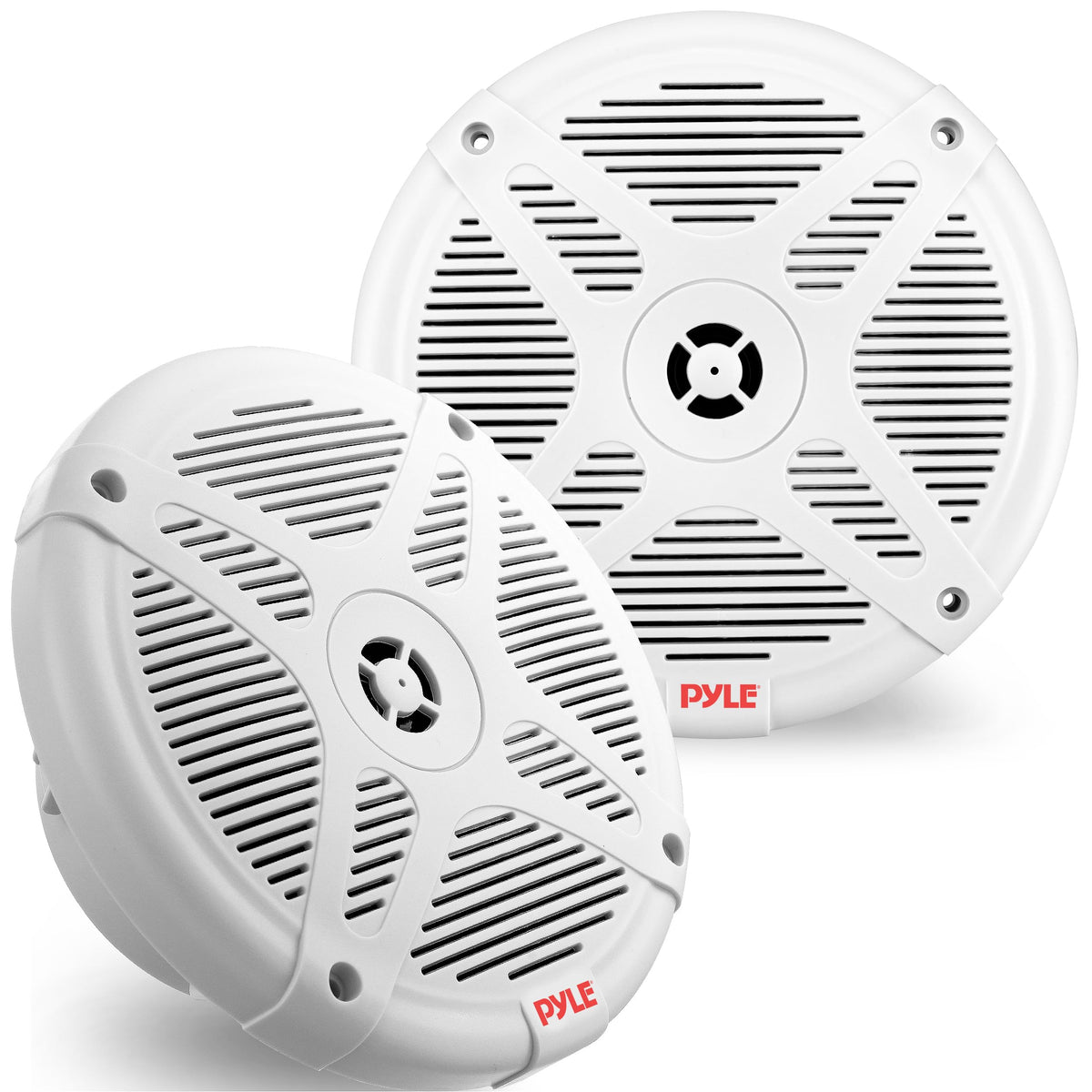 Pyle front grill view showing white marine speaker and durable protection