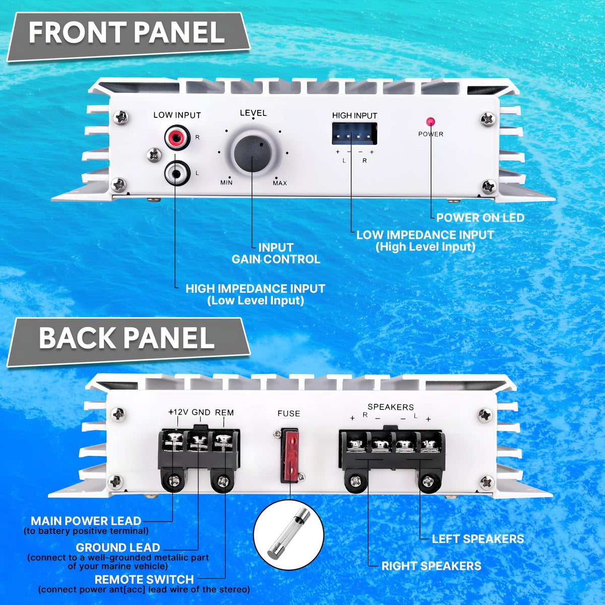 Pyle PLMRA120 gold-plated terminals close-up resisting corrosion in marine use