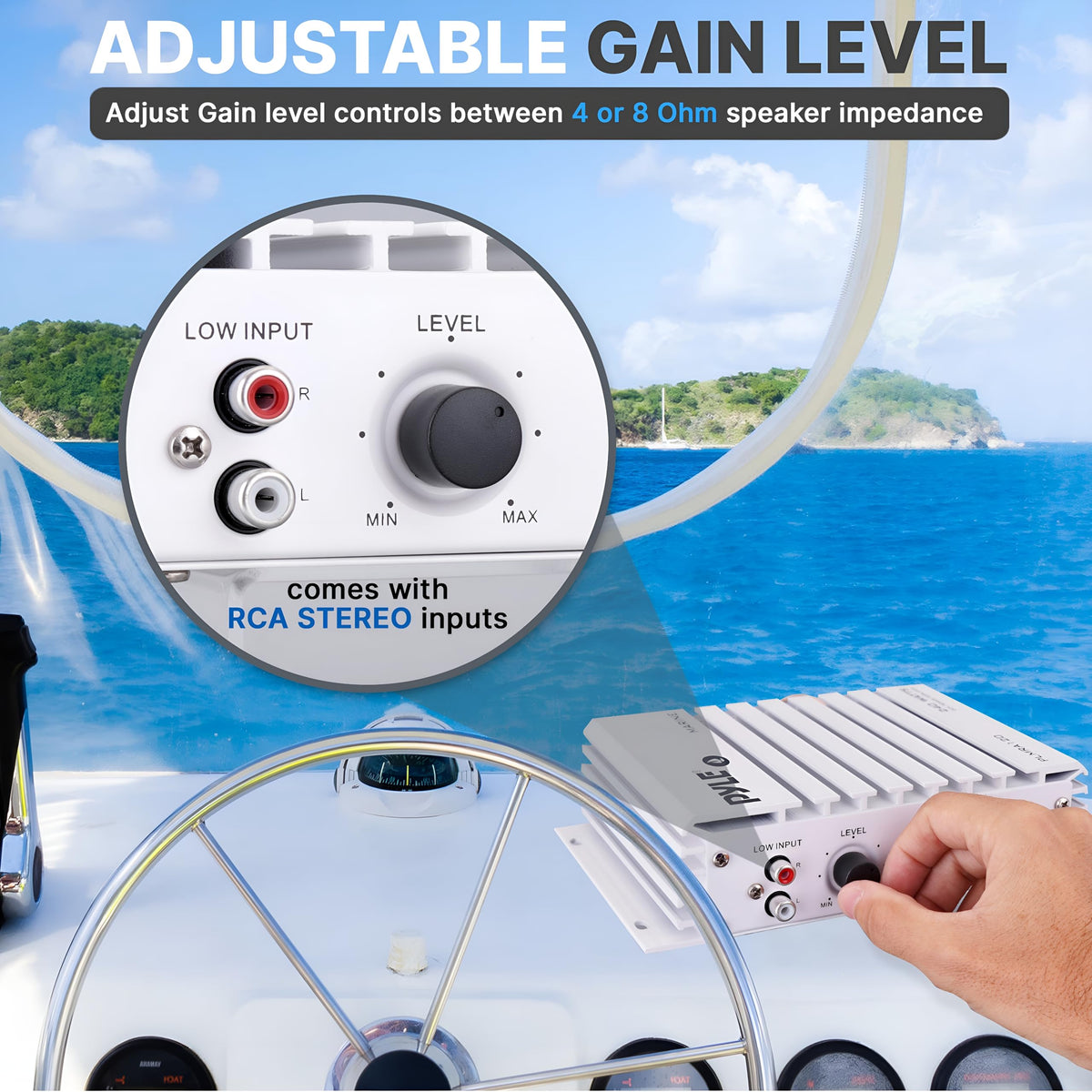 Pyle PLMRA120 RCA and high-level inputs view enabling flexible connection options