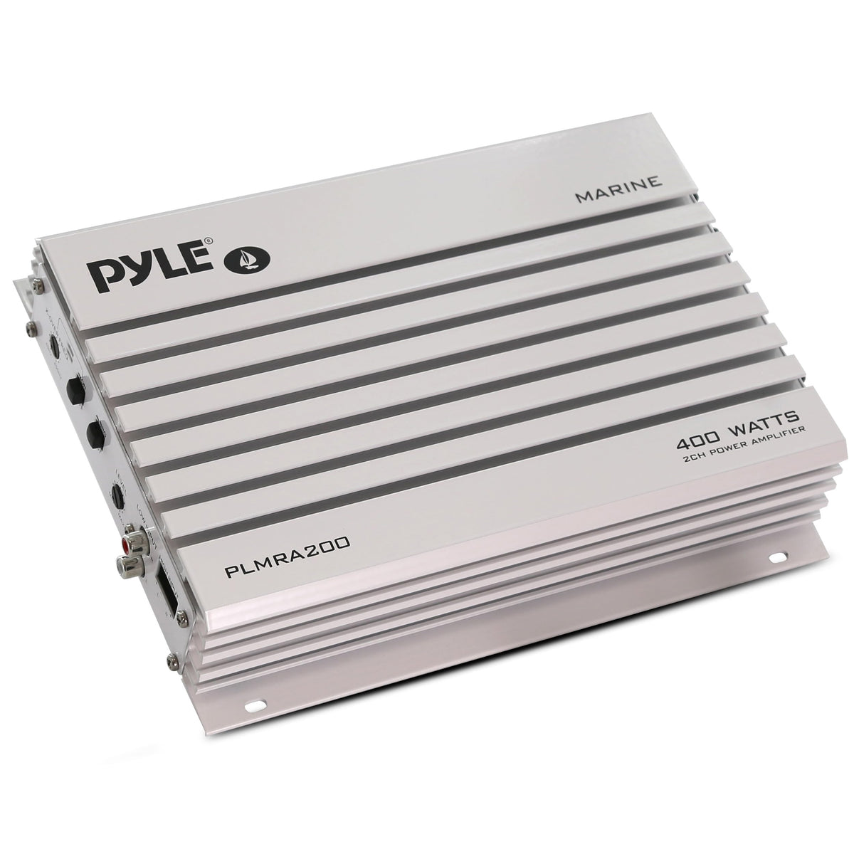 Pyle PLMRA200 front view highlighting compact marine amplifier for boat audio.