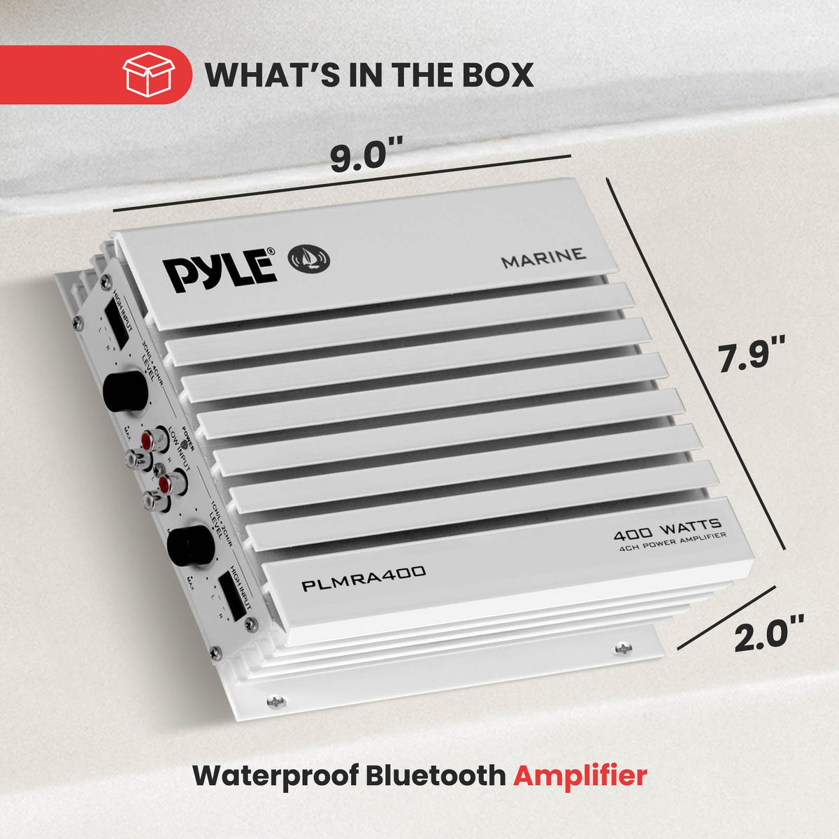 Pyle PLMRA400 LED indicator and gain knobs showing status feedback and precise level control