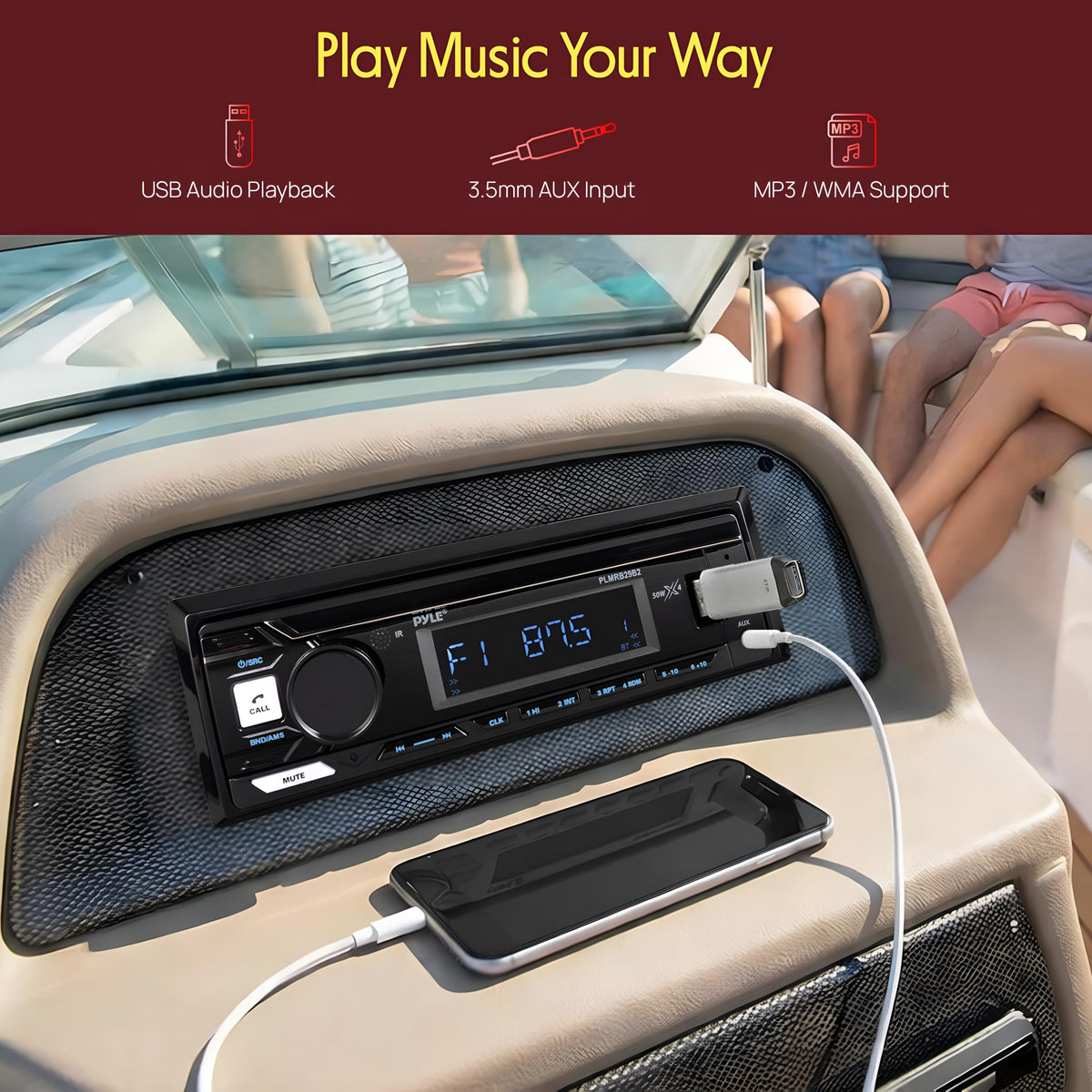 Pyle PLMRB29B built-in microphone close-up enabling hands-free phone calls