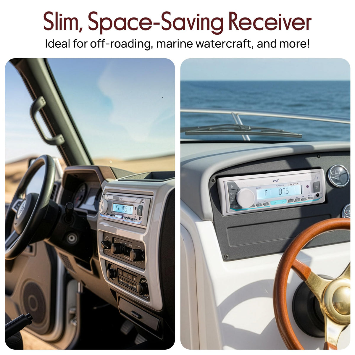 Pyle PLMRB39W mounted in a boat dash demonstrating marine-ready installation benefit
