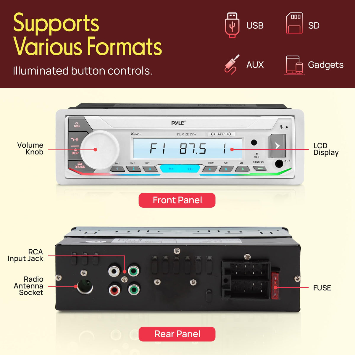 Pyle PLMRB39W with USB flash and SD card inserted for versatile media playback
