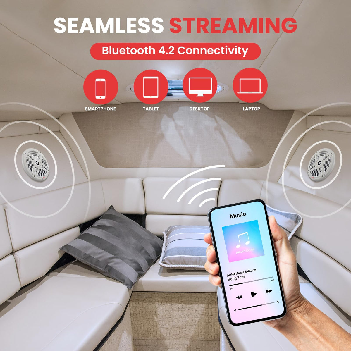Pyle PLMRBT65W Bluetooth connection highlights wireless pairing up to 30 feet