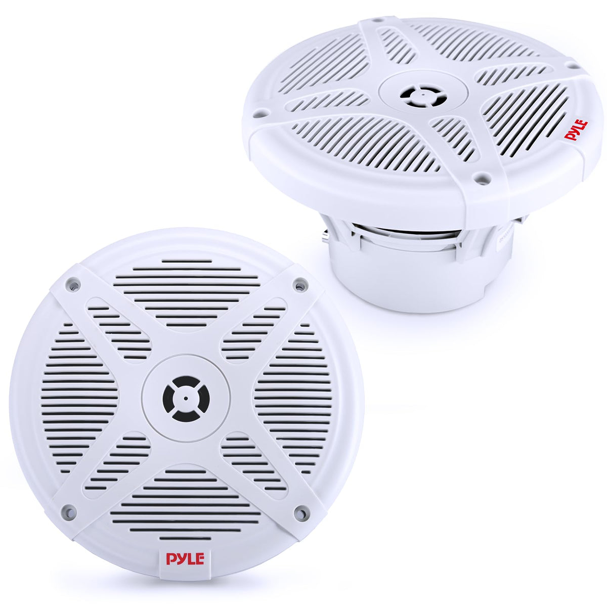 Pyle PLMRBT65W front view, white weatherproof marine speakers for outdoor boating