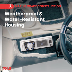 Pyle PLMRKT38W waterproof dash mount on a marine dashboard