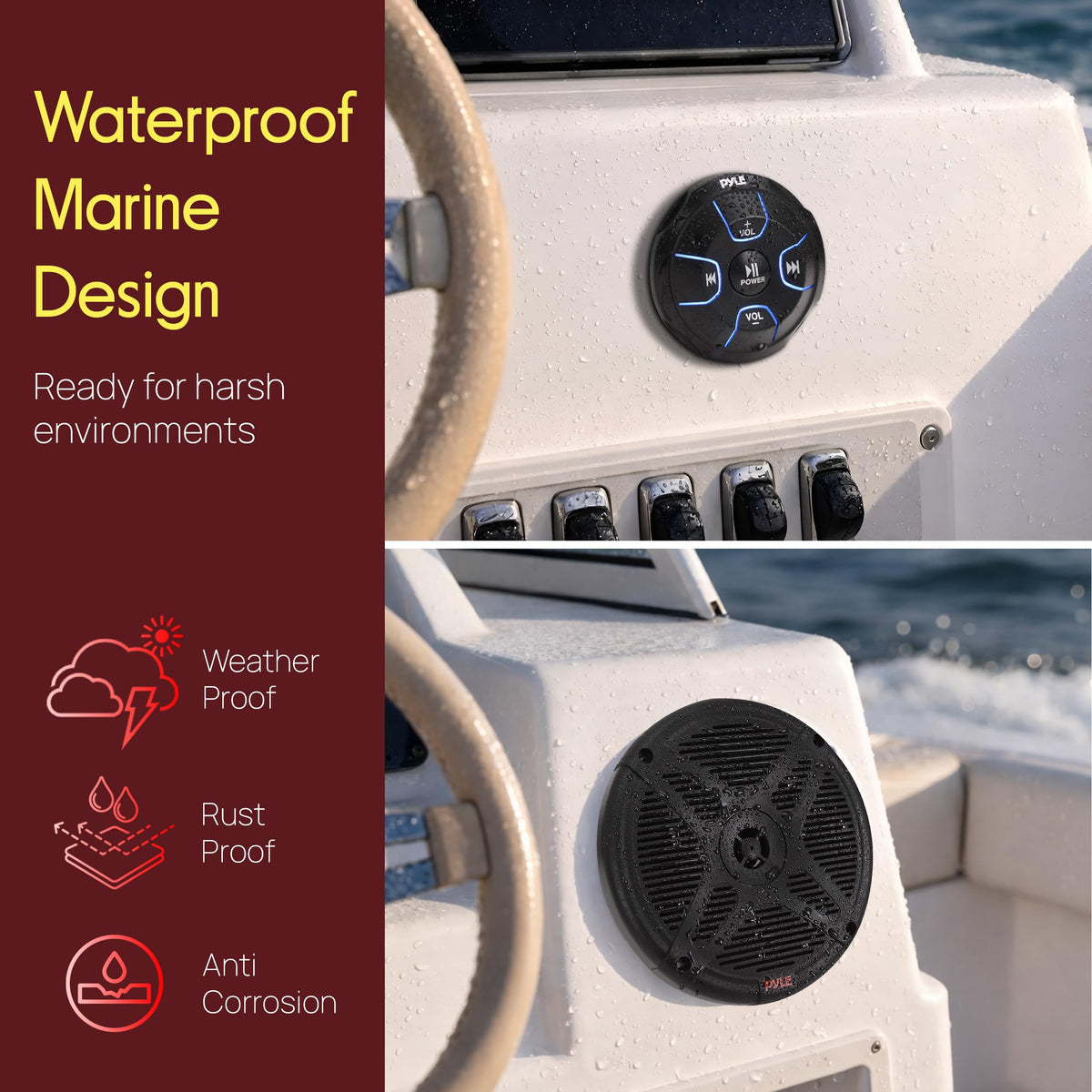Pyle PLMRKT8 IP65 marine-grade construction withstands spray and weather