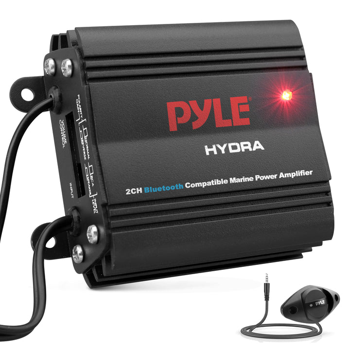 Pyle PLMRMB2CB front view showing compact amp and LED indicator for reliable status