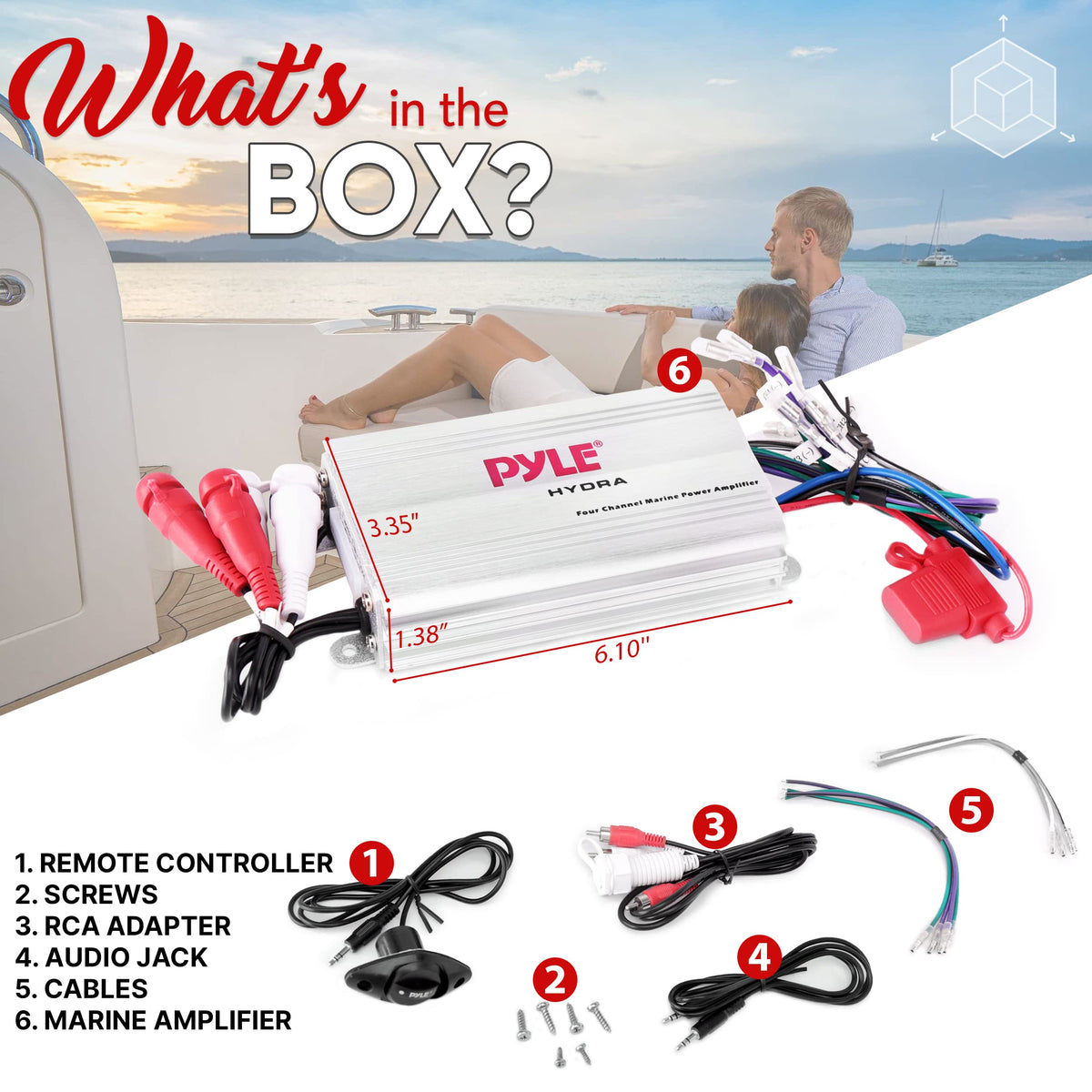 Pyle packaging and accessories laid out for simple out-of-box setup