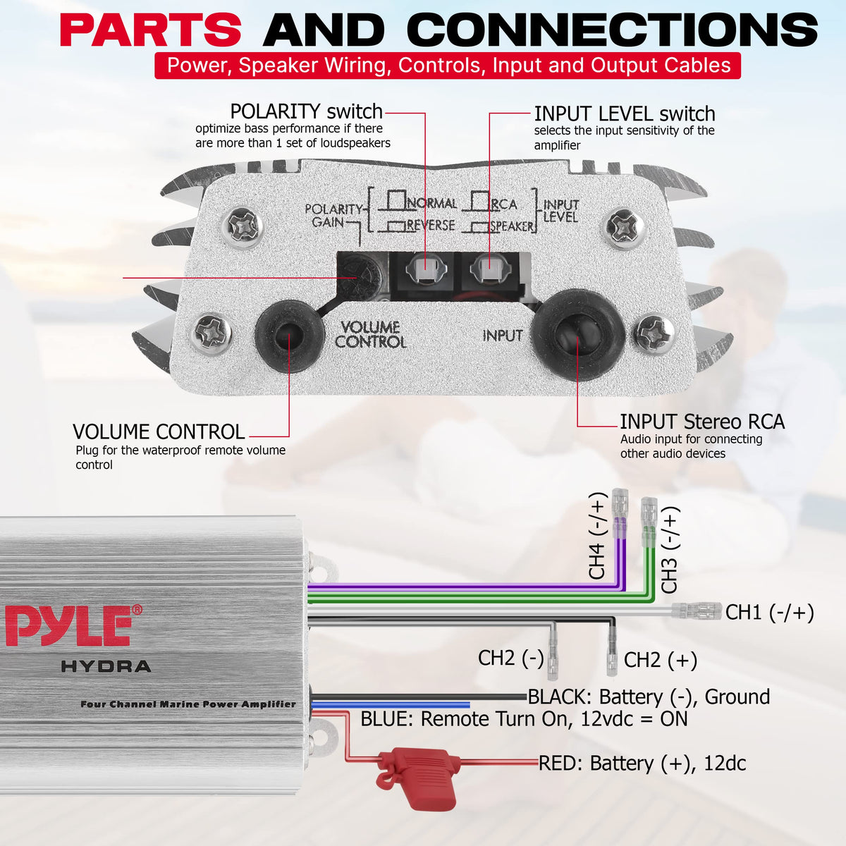 Pyle PLMRMP3A close-up of controls showing easy gain and switch access
