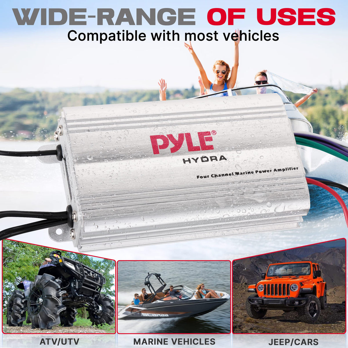 Pyle amplifier held in hand demonstrating compact size and space savings