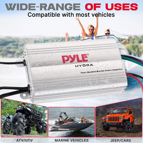 Pyle amplifier held in hand demonstrating compact size and space savings