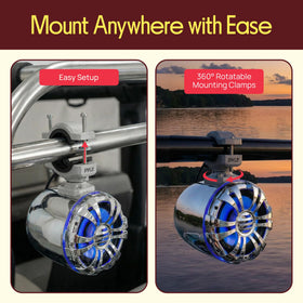 Pyle PLMRWB50L mounting on boat wakeboard tower for quick setup.