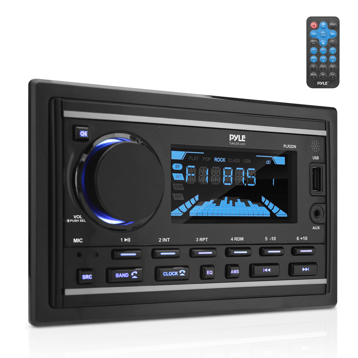 Pyle PLR2DN front panel showing LCD and RGB illumination for clear nighttime viewing