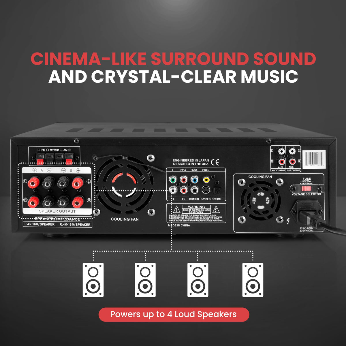 Pyle 1000W peak power amplifier supports multiple speakers for room-filling sound.