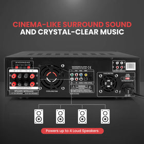 Pyle 1000W peak power amplifier supports multiple speakers for room-filling sound.