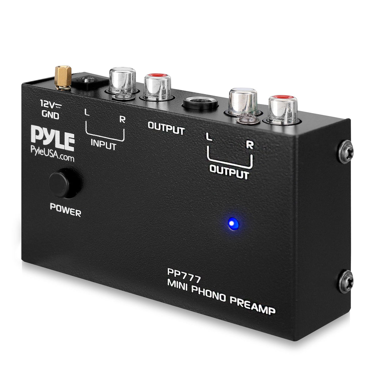Pyle PP777 front view with RCA inputs for easy turntable connection.
