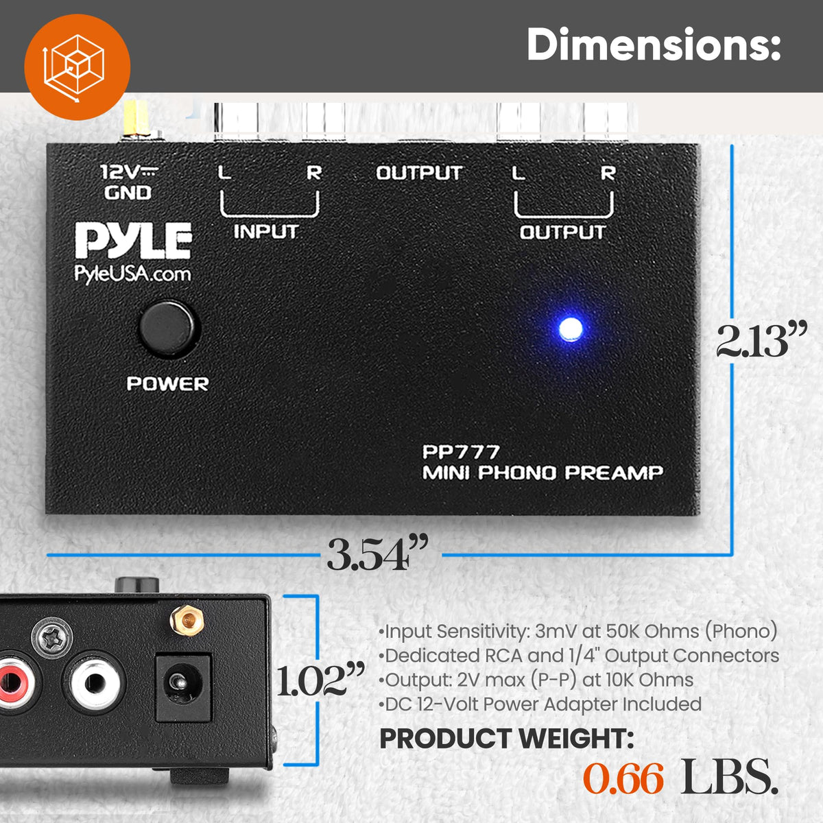 Pyle PP777 powered by the included 12V adapter for stable operation.