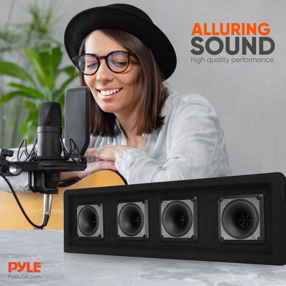 Pyle next to subwoofer showing scale and system pairing benefit