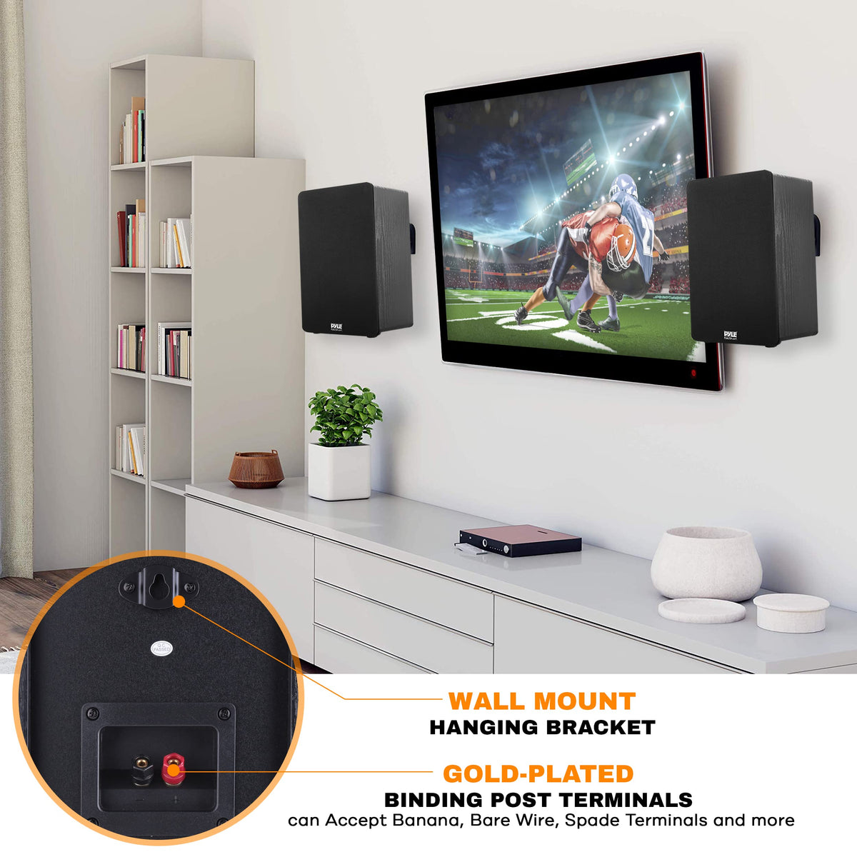 Pyle PSMSP6 wall-mount bracket enables space-saving surround sound placement.