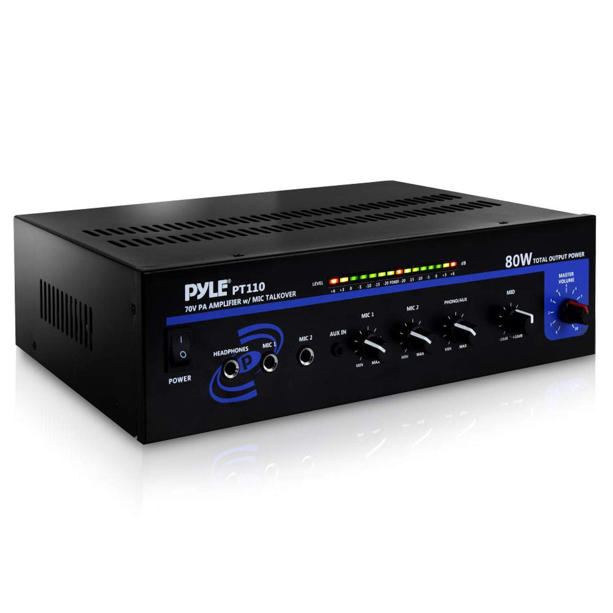 Pyle PT110 front panel with independent mic inputs for clear announcements.