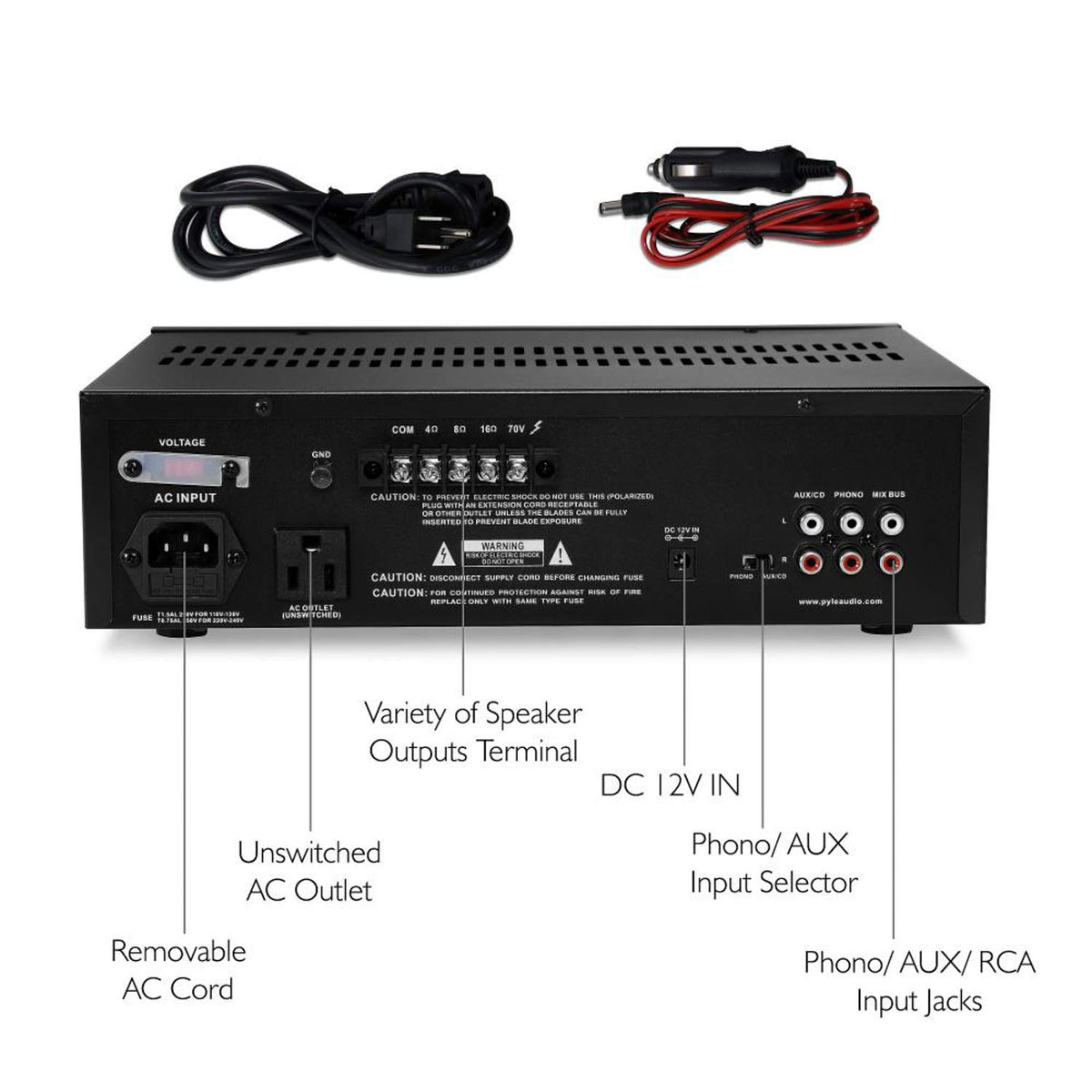 Pyle PT110 microphone inputs with talkover and tone-ready features for customizable sound.