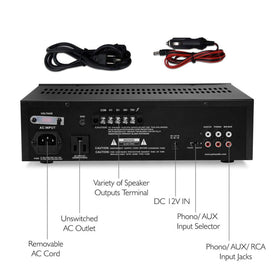 Pyle PT110 microphone inputs with talkover and tone-ready features for customizable sound.