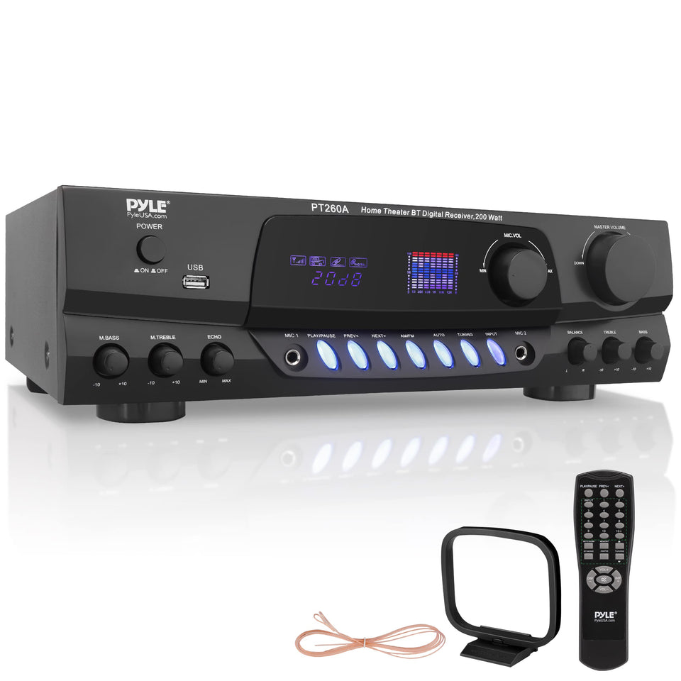 Pyle PT260A front panel with volume and EQ controls for precise home audio.